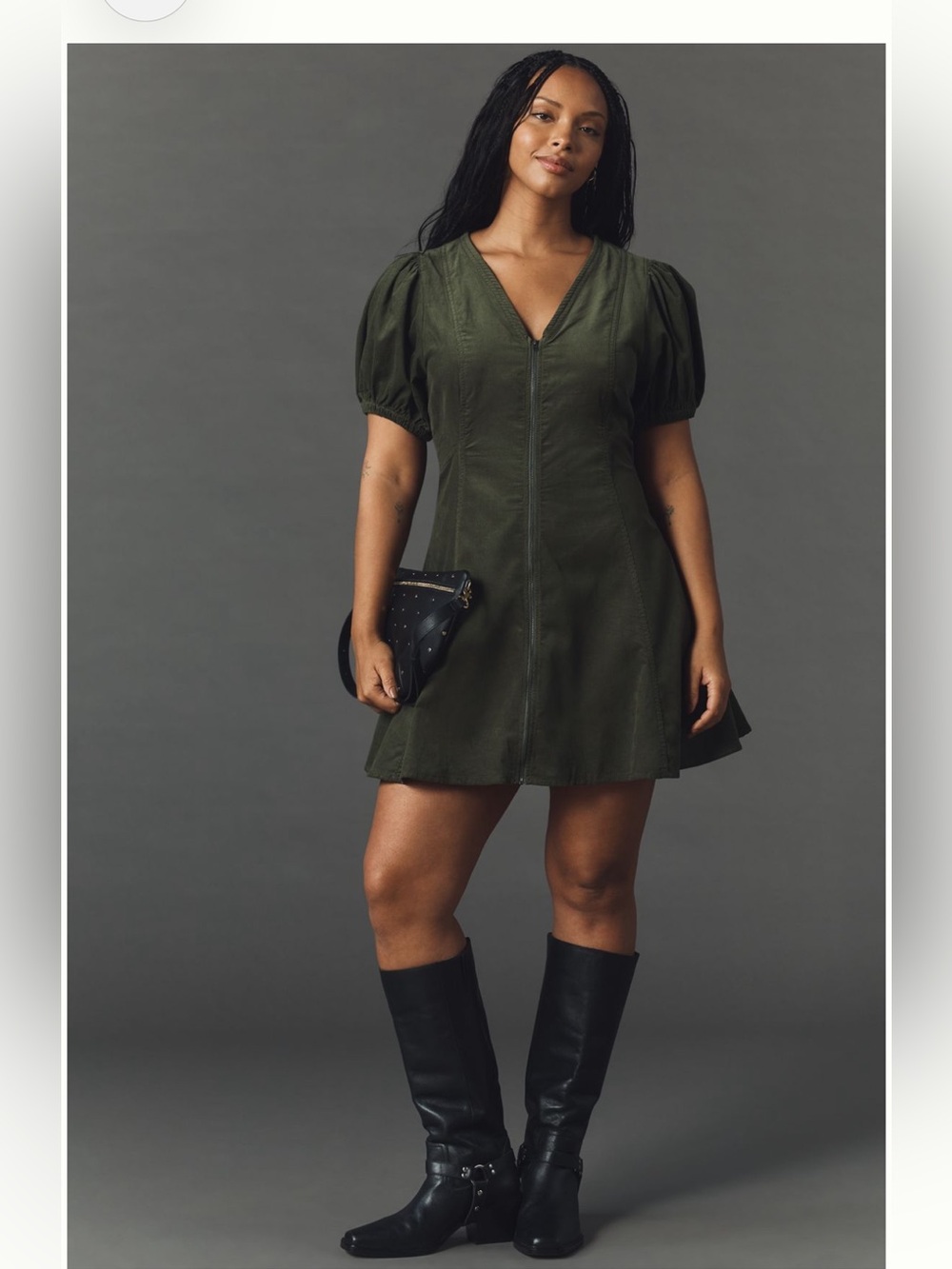 Anthropologie The Calder Puff-Sleeve Corduroy Mini Dress in Olive Green. Medium
